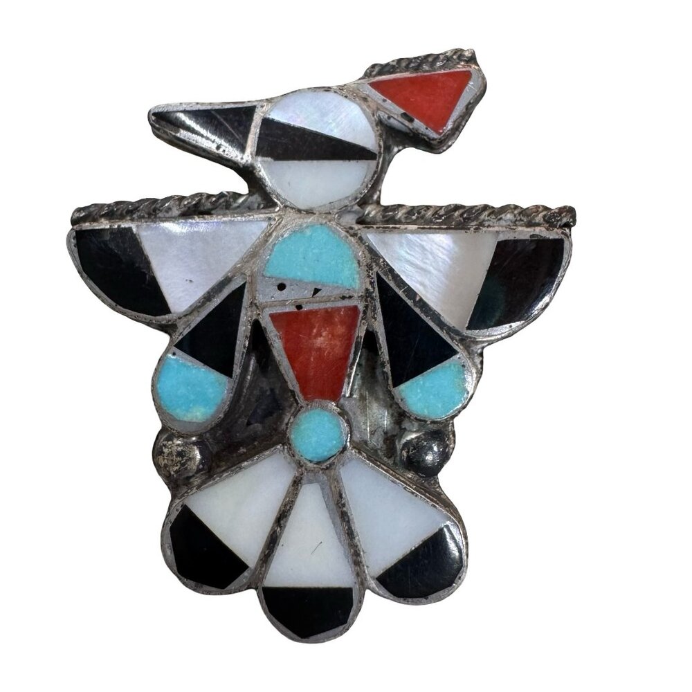 Vintage Zuni Bird Thunderbird Inlay Brooch Pin Turquoise Coral & Mother Of Pearl